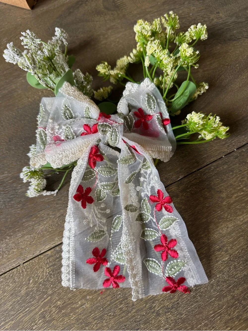 Embroidered Floral Lace Hair Bow in Red and Cream